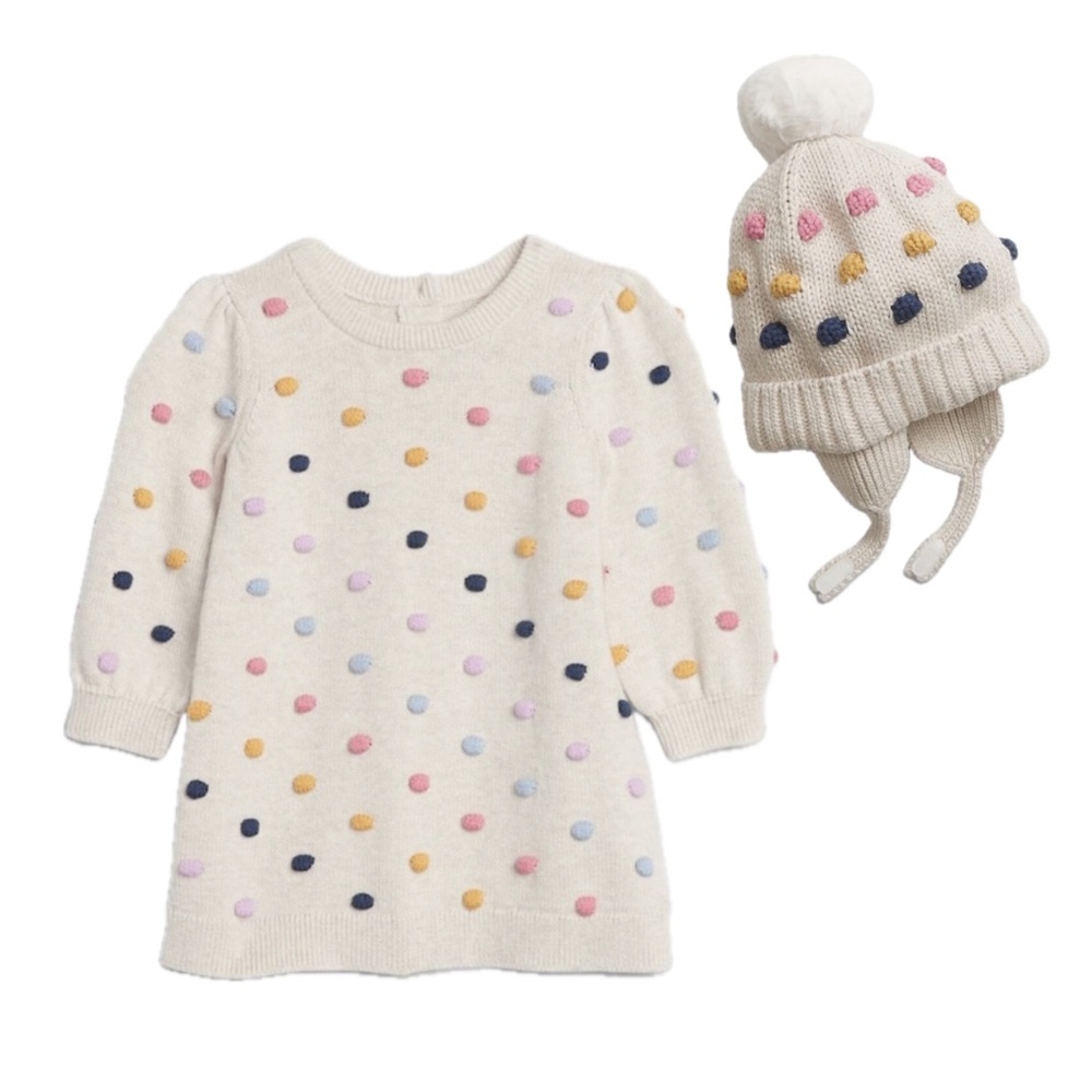 Baby Gap Popcorn Pom Pom knit sweater dress and beanie set